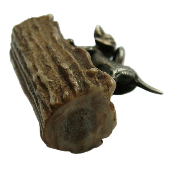 Large Antique Edwardian c1910 Solid Silver Dachshund Charm Mounted on Antler Antique Charm - Sandy's Vintage Charms
