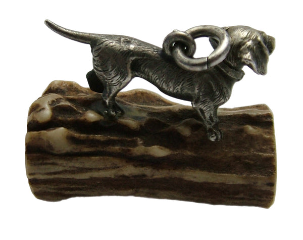 Large Antique Edwardian c1910 Solid Silver Dachshund Charm Mounted on Antler Antique Charm - Sandy's Vintage Charms