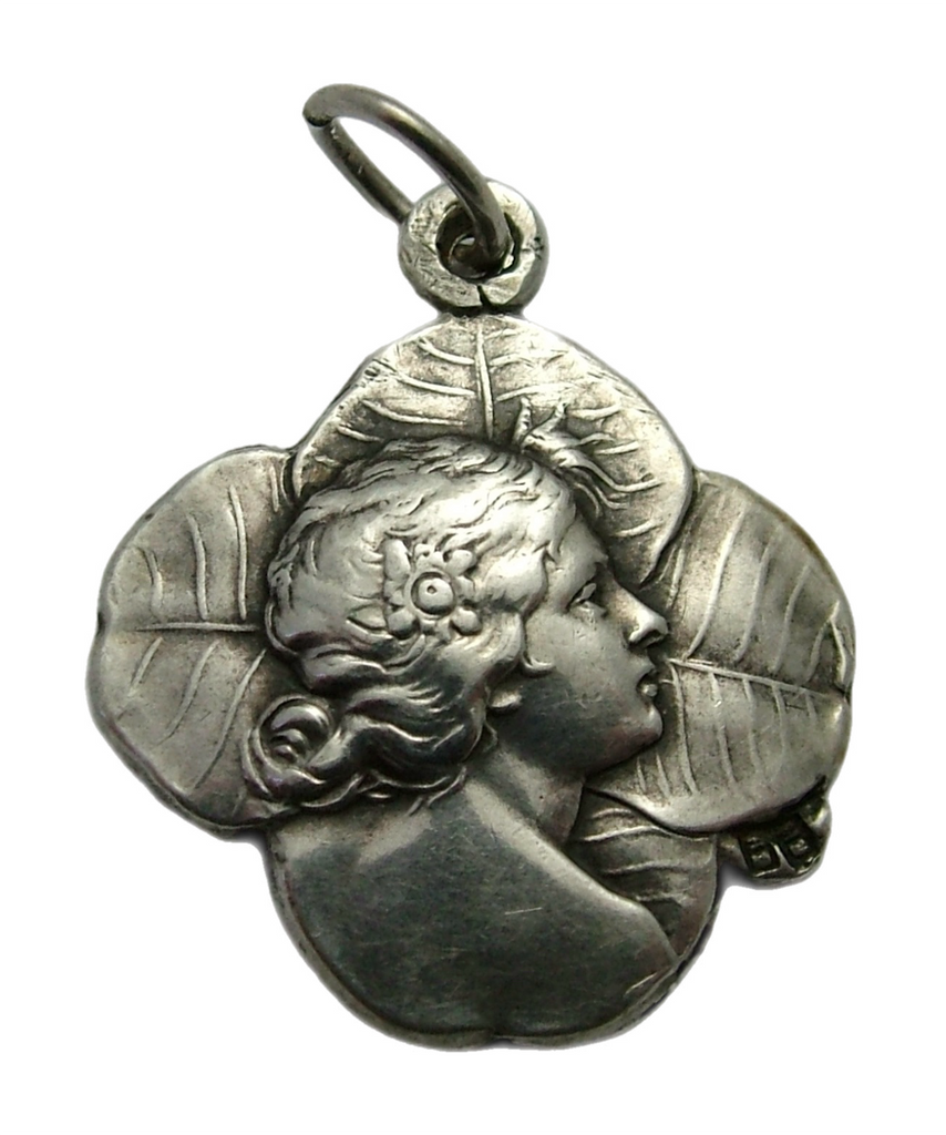 Antique Art Nouveau c1895 Hollow Silver Lady & Four Leaf Clover Charm Antique Charm - Sandy's Vintage Charms