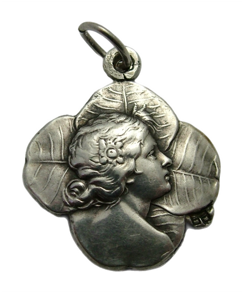 Antique Art Nouveau c1895 Hollow Silver Lady & Four Leaf Clover Charm Antique Charm - Sandy's Vintage Charms