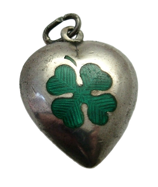 Large Antique Victorian 1893 Silver & Green Enamel Lucky Clover Heart Charm Antique Charm - Sandy's Vintage Charms