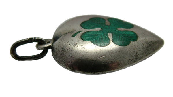 Large Antique Victorian 1893 Silver & Green Enamel Lucky Clover Heart Charm Antique Charm - Sandy's Vintage Charms