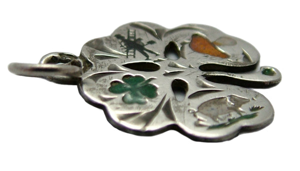 Antique c1920’s Silver Clover Charm with Four Enamel Lucky Charms Pictured 1920s-1950s Charm - Sandy's Vintage Charms