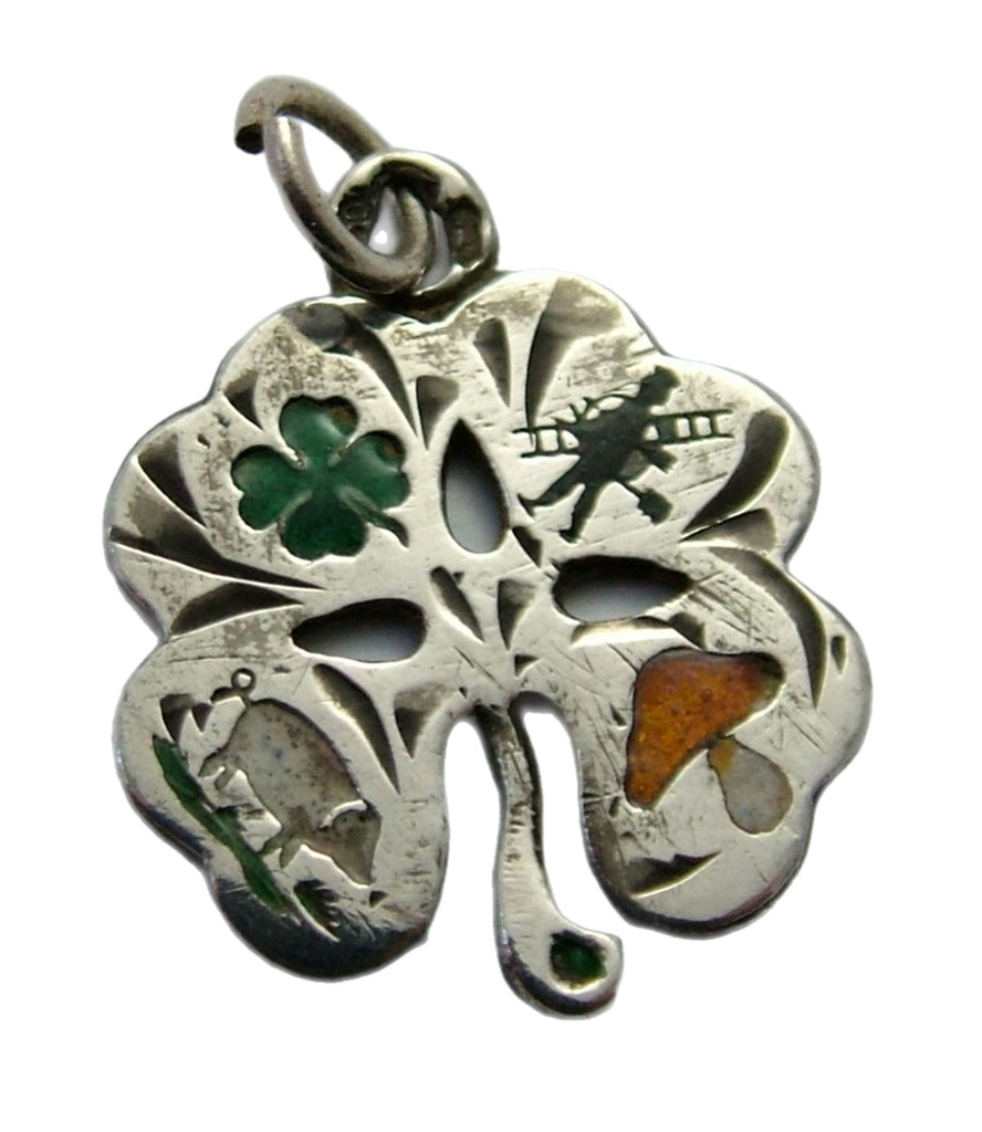 Antique c1920’s Silver Clover Charm with Four Enamel Lucky Charms Pictured 1920s-1950s Charm - Sandy's Vintage Charms