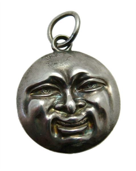 Antique Edwardian c1905 Hollow Silver Double Sided Happy & Sad Moon Face Charm