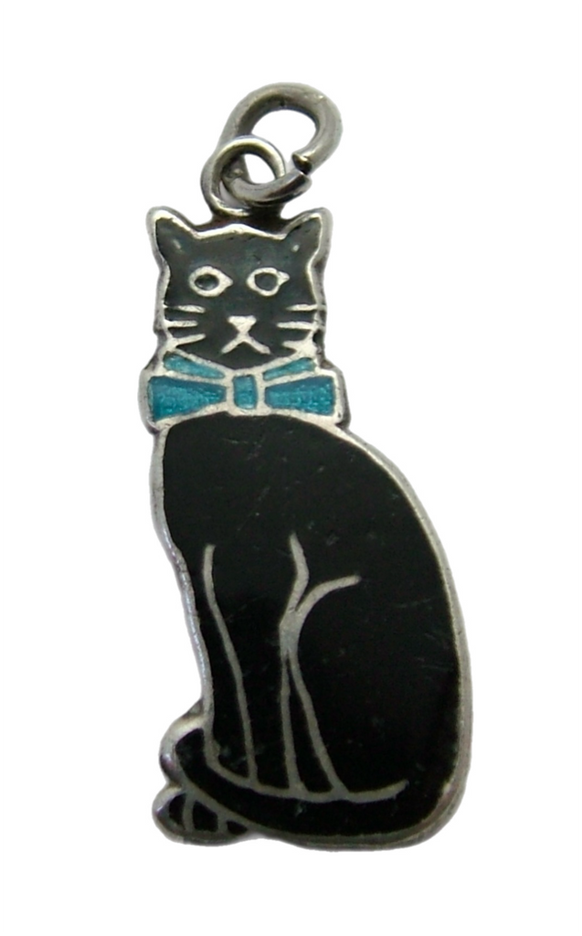 Large Vintage 1940's Silver & Enamel Lucky Black Cat Charm with Blue Bow Tie HM 1942