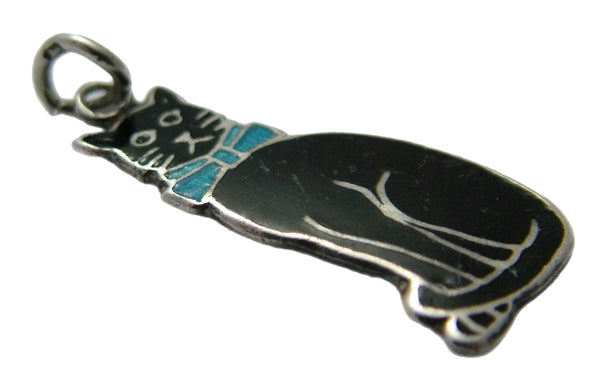 Large Vintage 1940's Silver & Enamel Lucky Black Cat Charm with Blue Bow Tie HM 1942