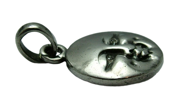 Modern Secondhand Solid Silver Moon Face Pendant with Diamond Eyes