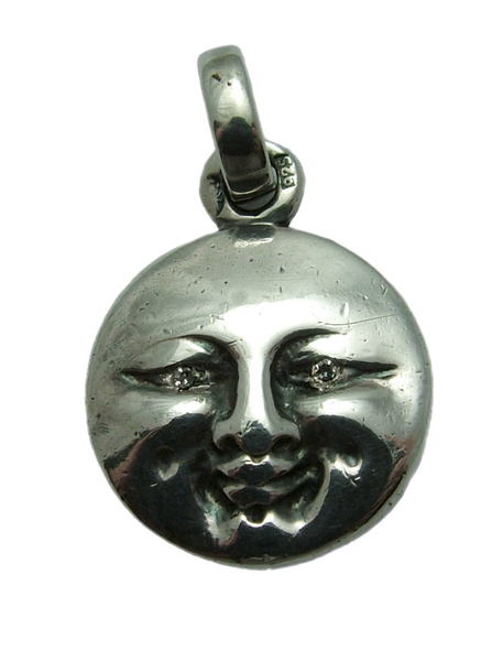 Modern Secondhand Solid Silver Moon Face Pendant with Diamond Eyes