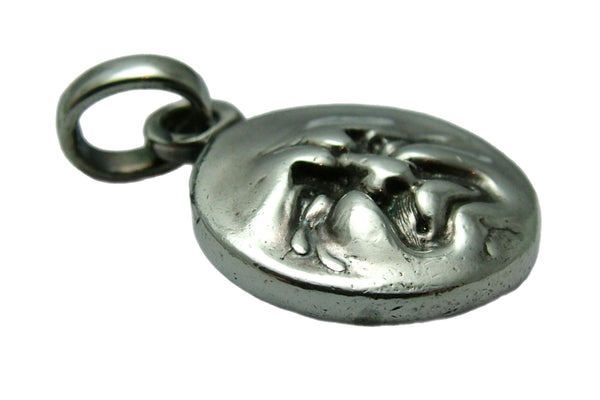 Modern Secondhand Solid Silver Moon Face Pendant with Diamond Eyes