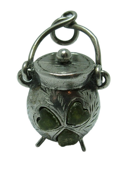 Antique Edwardian Silver Cauldron Charm with Connemara Marble Shamrock HM 1903 Antique Charm - Sandy's Vintage Charms