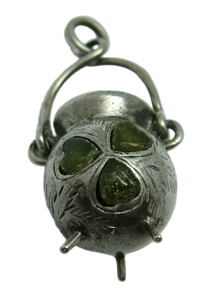 Antique Edwardian Silver Cauldron Charm with Connemara Marble Shamrock HM 1903 Antique Charm - Sandy's Vintage Charms