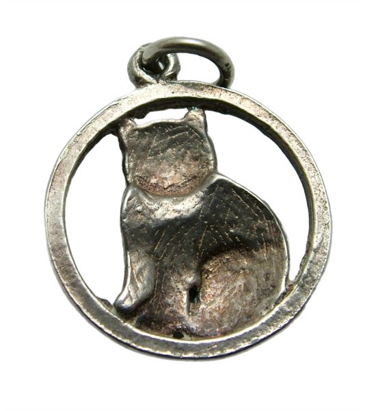 Vintage 1930's Silver & Enamel Painted Black Cat Charm