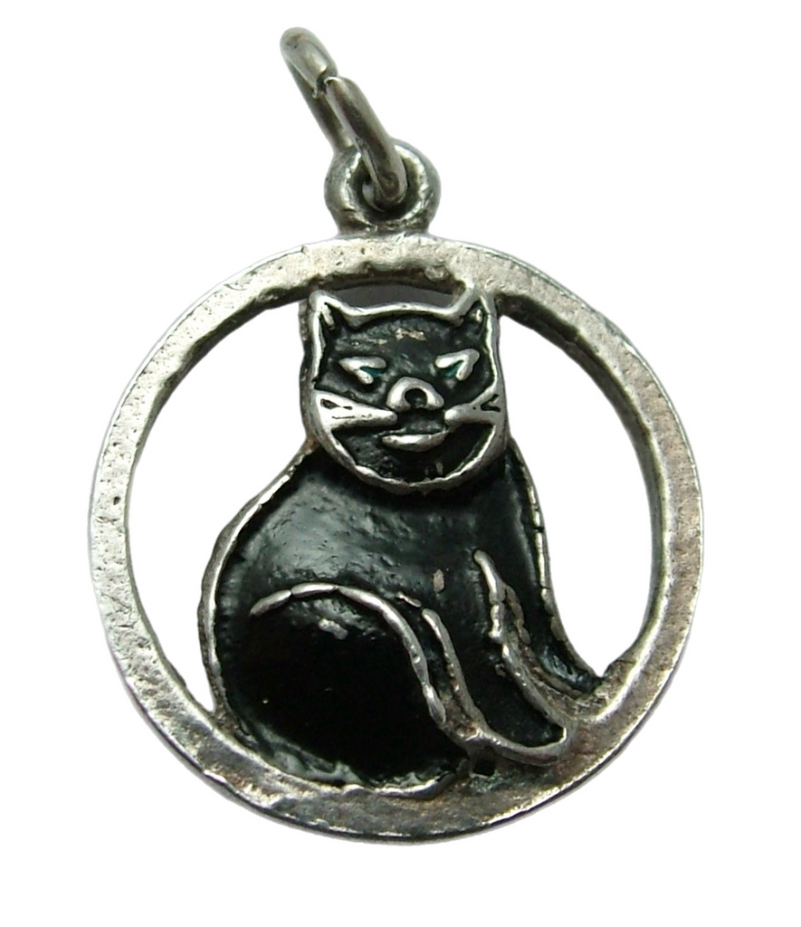 Vintage 1930's Silver & Enamel Painted Black Cat Charm