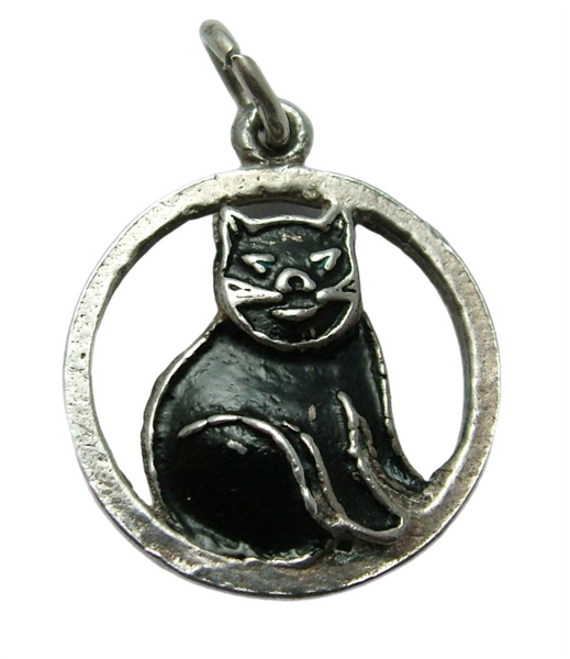 Vintage 1930's Silver & Enamel Painted Black Cat Charm