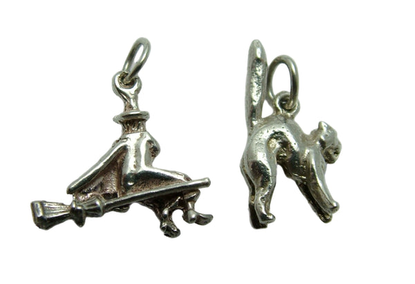 Pair of Small Vintage 1970's Solid Silver Charms Witch on a Broomstick & Scaredy Cat Silver Charm - Sandy's Vintage Charms