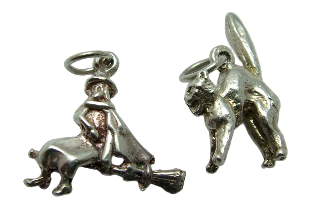 Pair of Small Vintage 1970's Solid Silver Charms Witch on a Broomstick & Scaredy Cat Silver Charm - Sandy's Vintage Charms