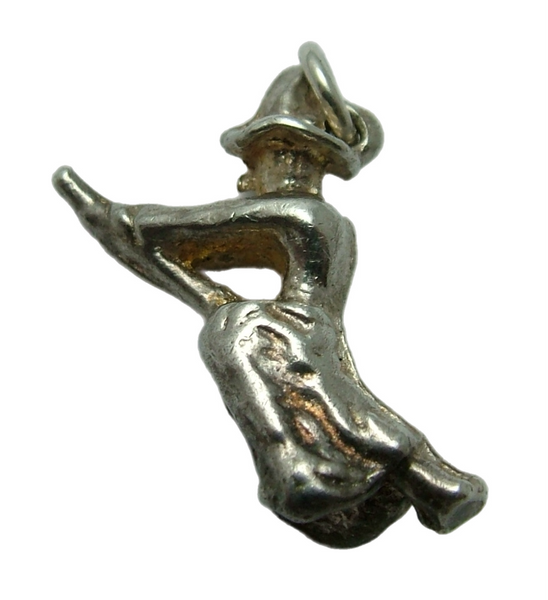 Vintage 1970's Solid Silver Witch on a Broomstick Charm (Larger) Silver Charm - Sandy's Vintage Charms