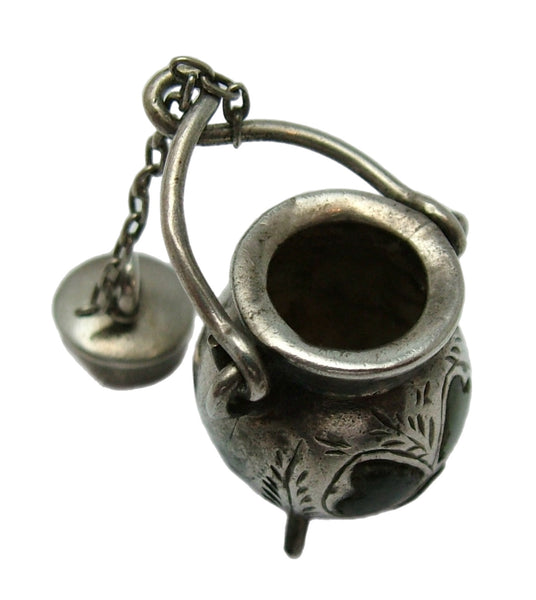 Antique Edwardian Silver Cauldron Charm with Connemara Marble Shamrock & Removable Lid HM 1904