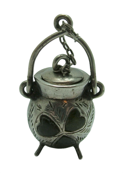 Antique Edwardian Silver Cauldron Charm with Connemara Marble Shamrock & Removable Lid HM 1904