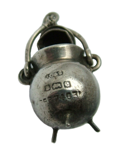 Antique Edwardian Silver Cauldron Charm with Connemara Marble Shamrock & Removable Lid HM 1904