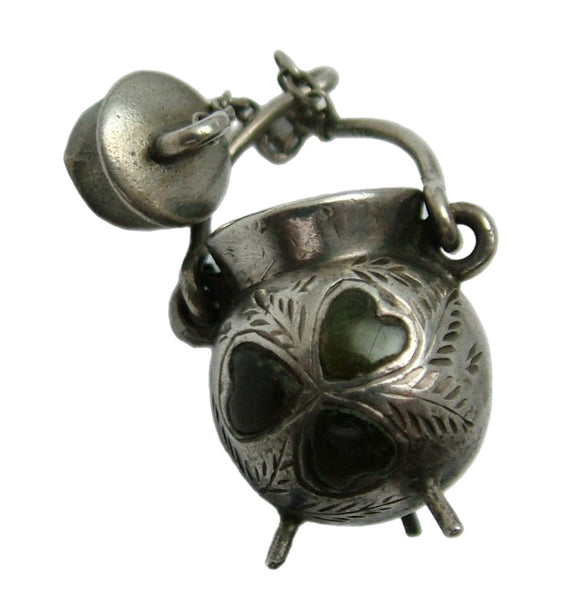 Antique Edwardian Silver Cauldron Charm with Connemara Marble Shamrock & Removable Lid HM 1904