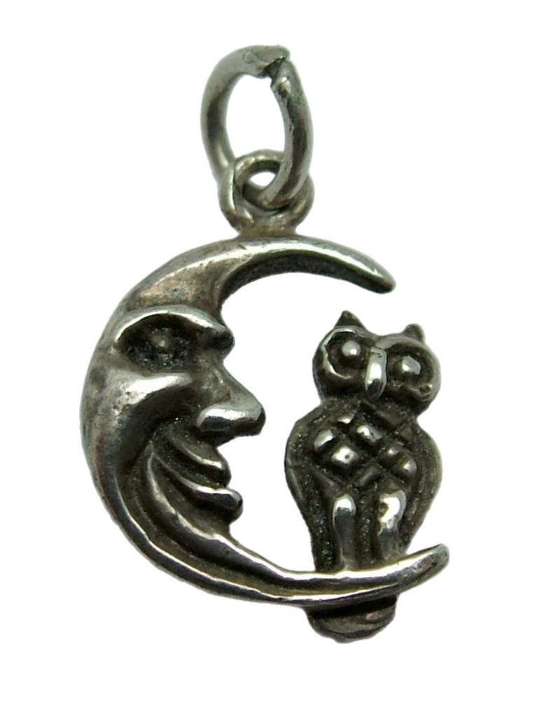 Small Vintage 1980's Solid Silver Owl Sitting in a Crescent Moon Charm Silver Charm - Sandy's Vintage Charms