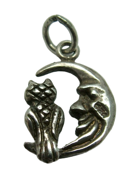 Small Vintage 1980's Solid Silver Owl Sitting in a Crescent Moon Charm Silver Charm - Sandy's Vintage Charms