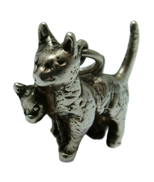 Vintage 1970's Solid Silver Mother Cat & Kitten Charm