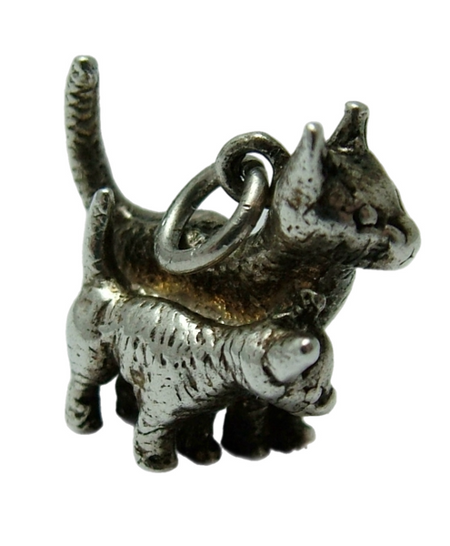 Vintage 1970's Solid Silver Mother Cat & Kitten Charm