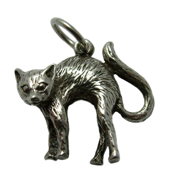 Vintage 1990's Solid Silver Scaredy Cat Charm Silver Charm - Sandy's Vintage Charms