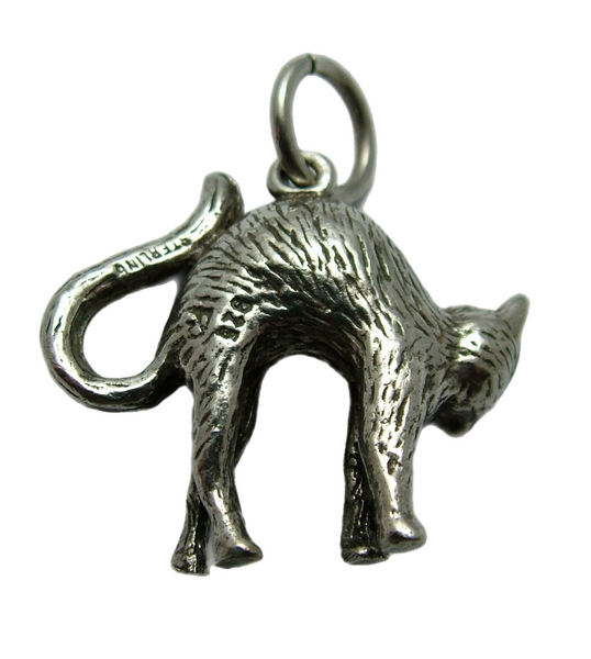 Vintage 1990's Solid Silver Scaredy Cat Charm Silver Charm - Sandy's Vintage Charms