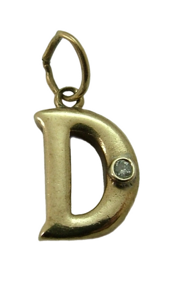 Small Vintage 1990's Solid 9ct Gold Initial Letter "D" Charm Set with a Diamond