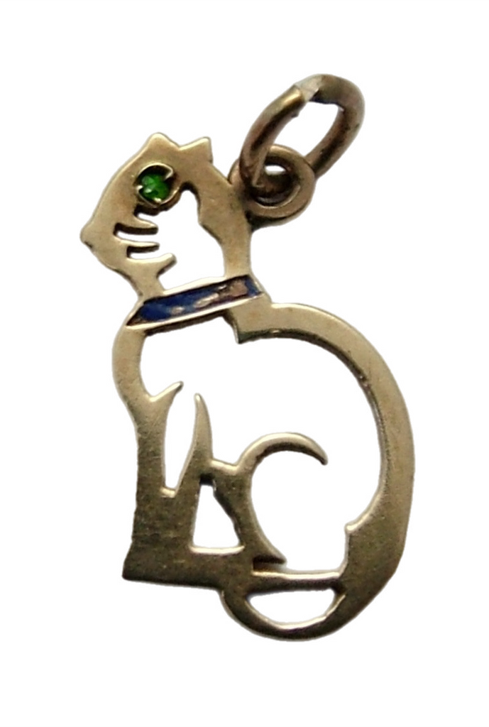Vintage 1950's 9ct Gold Cut Out Cat Charm with Green Paste Eye & Enamel Collar