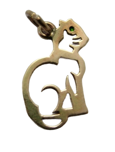 Vintage 1950's 9ct Gold Cut Out Cat Charm with Green Paste Eye & Enamel Collar