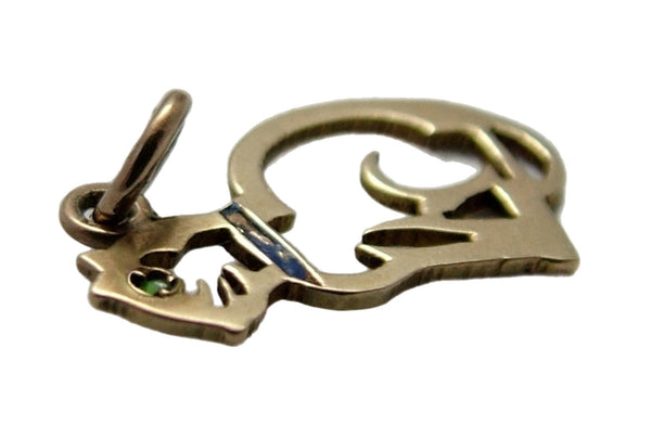Vintage 1950's 9ct Gold Cut Out Cat Charm with Green Paste Eye & Enamel Collar