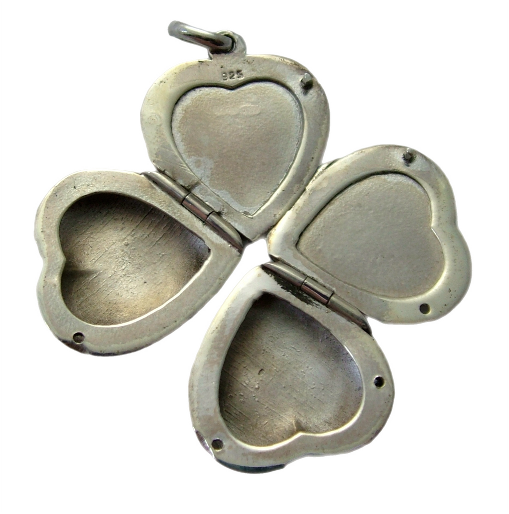 Vintage 1990's Silver Heart Locket Pendant Folds out to Clover Four Photos HM 1996 Silver Charm - Sandy's Vintage Charms