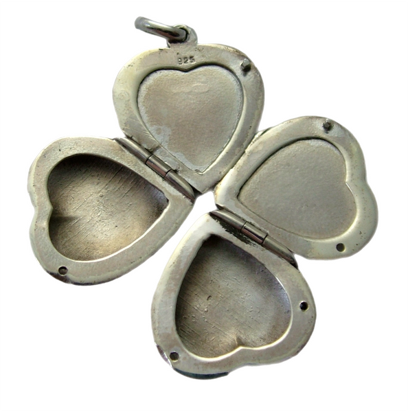 Vintage 1990's Silver Heart Locket Pendant Folds out to Clover Four Photos HM 1996 Silver Charm - Sandy's Vintage Charms
