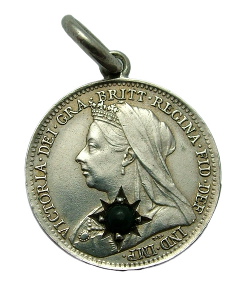 Antique Victorian 1898 Silver Gem Set Love Token Coin Charm Bloodstone Agate