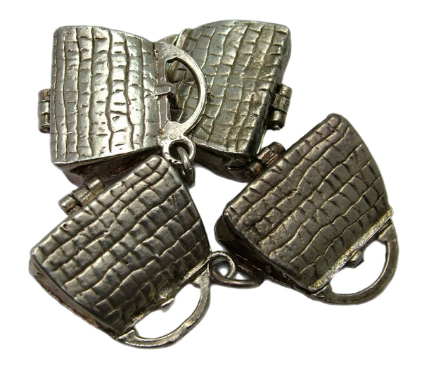Vintage 1970's Silver Opening Crocodile Handbag Charm with Contents Inside Silver Charm - Sandy's Vintage Charms