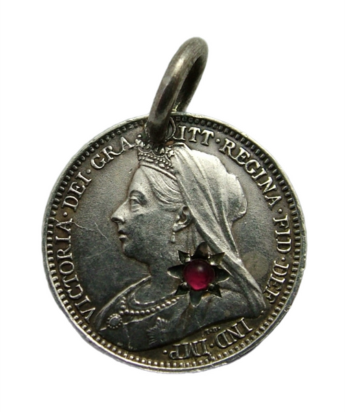 Antique Victorian Silver Gem Set Love Token Coin Charm Ruby Glass