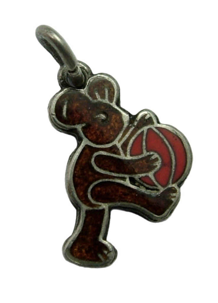 Small Vintage 1950's Solid Silver Brown Enamel Bear Charm with Red Ball