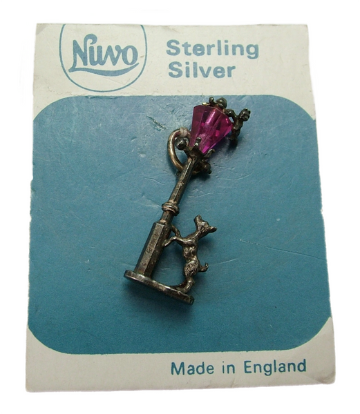 Vintage 1960's Silver Nuvo Lamppost Charm with Cat & Dog on Original Card Silver Charm - Sandy's Vintage Charms
