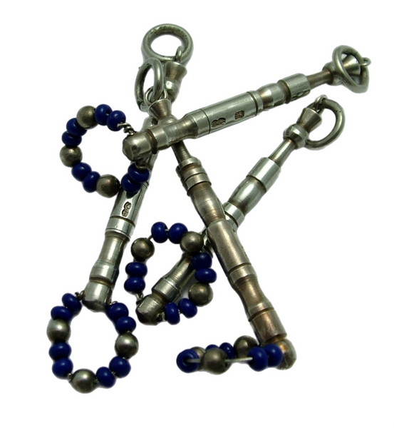 Large Vintage 1970's Solid Silver Lace Bobbin Charm with Blue Bead Spangles Silver Charm - Sandy's Vintage Charms