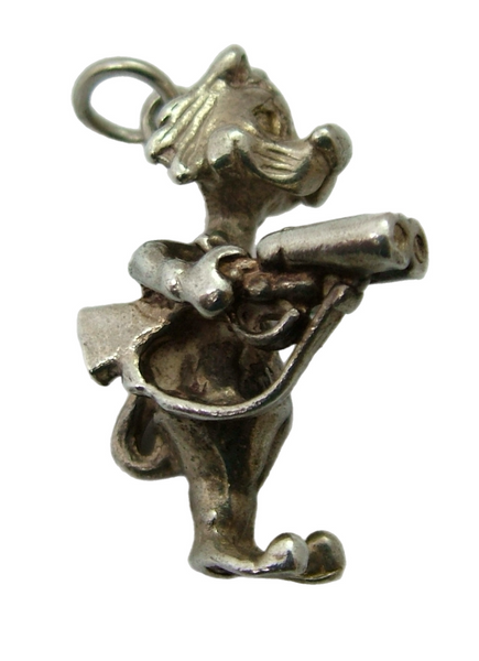 Large Vintage 1970's Silver Cartoon Cat with Gun Charm HM 1975