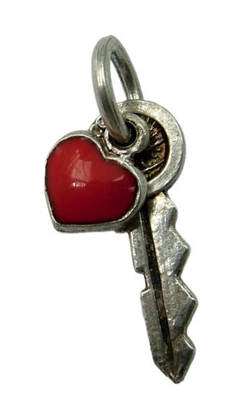 Small Vintage 1950's Silver Key & Red Enamel Heart Charm