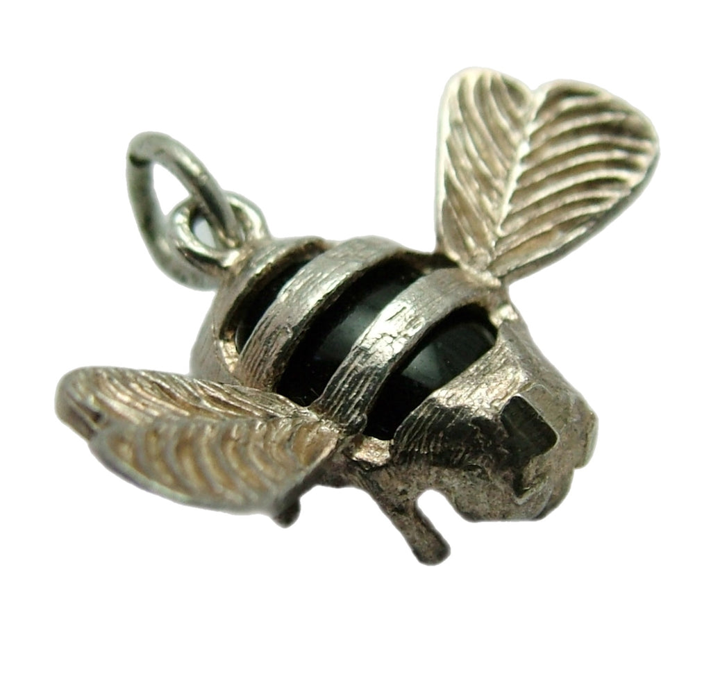 Vintage 1980's Silver & Black Glass Bee Charm