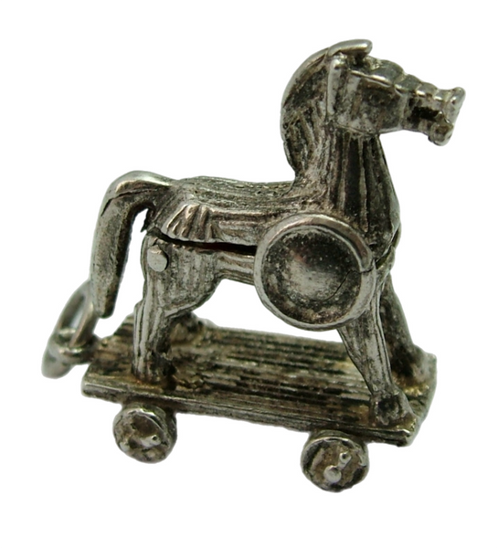 Vintage 1970's Silver Opening Trojan Horse Charm Enamel Painted Soldiers Inside Silver Charm - Sandy's Vintage Charms