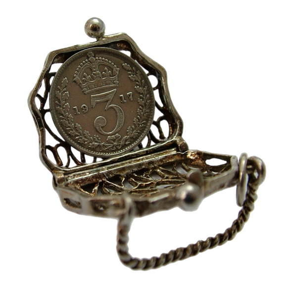 Vintage 1970's Silver Opening Purse Charm Antique Coin Inside Silver Charm - Sandy's Vintage Charms