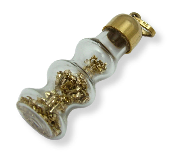 Large Vintage 1970's 9ct Gold & Glass Bottle Charm with Gold Filings Inside HM 1977 Gold Charm - Sandy's Vintage Charms